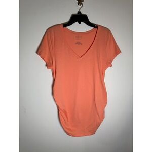 A-Glow Maternity V-Neck Ruched Side Short Sleeve Tee Orange Coral Large